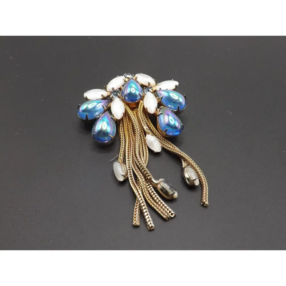 Iridescent Blue Gold Plated Fringe Brooch, White Art Glass Stones, 1960s Vintage